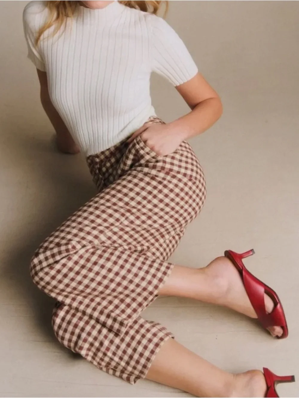 Sezane Brown and Cream Gingham Martin trousers - Picture 2 of 7